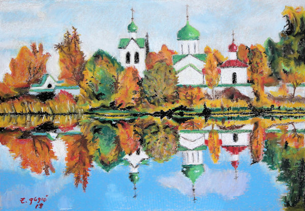 Russian monastery, Oil Pastel